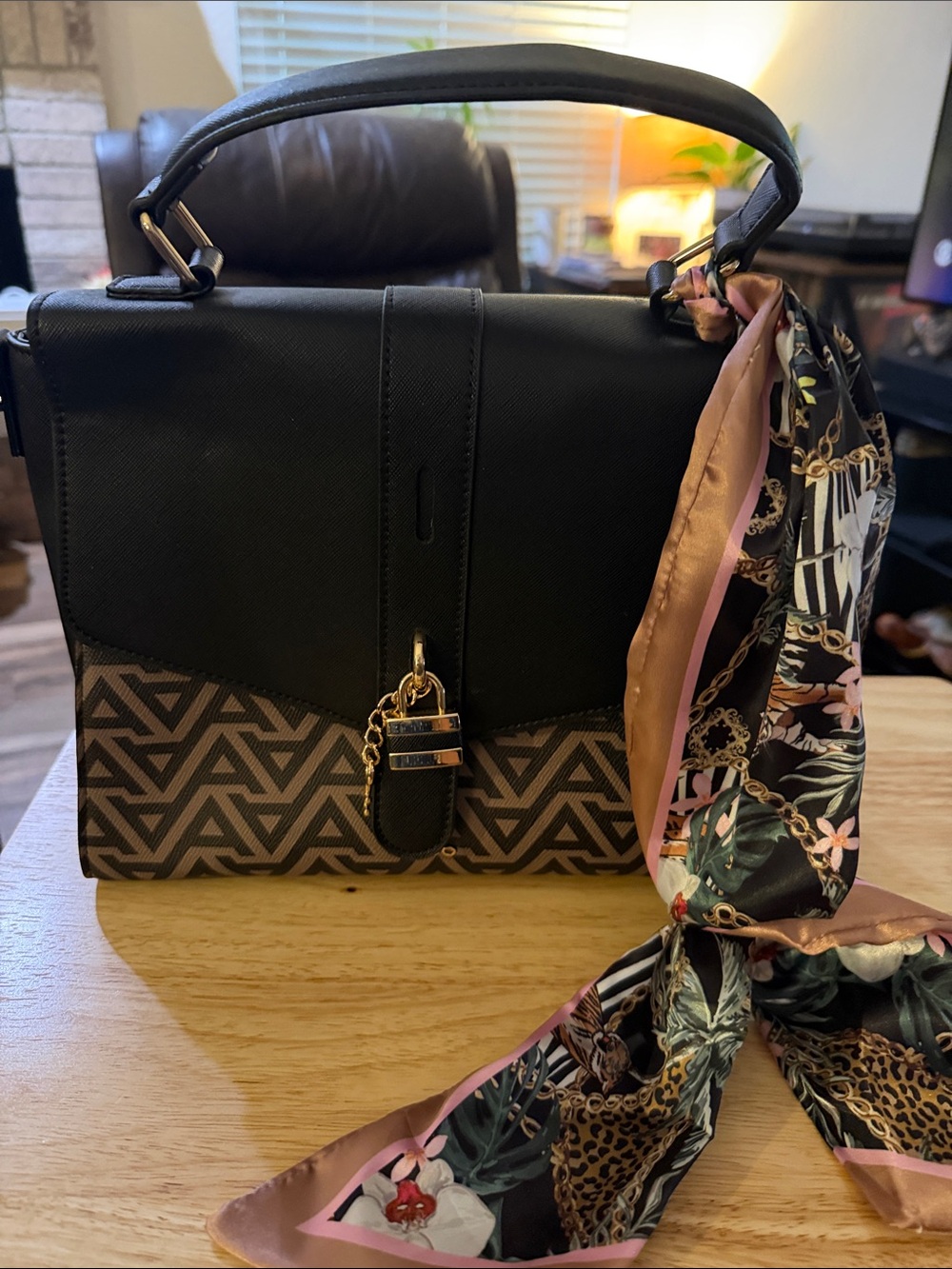 Aldo Black and Brown Geometric Top-Handle Satchel with Scarf